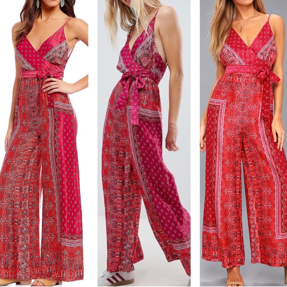 Free People Cabbage Rose Boho Wrap Top Waist Tie Satin Wide Leg Jumpsuit Size 2